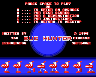 Bug Hunter / Moon Dash (Acorn 32-bit) screenshot: Title screen / Main menu (Bug Hunter)