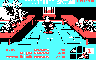 Stir Crazy featuring BoBo (DOS) screenshot: Canteen: you don't want these guys to go hungry (CGA)