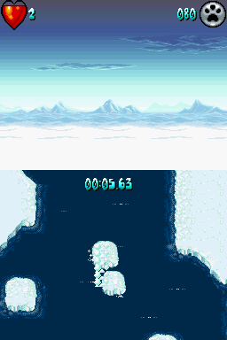 Arctic Tale (Nintendo DS) screenshot: You can also travel on an ice flow -- hit too many obstacles, and your ice will melt. Hope you enjoy swimming...