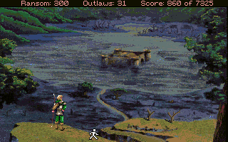 Conquests of the Longbow: The Legend of Robin Hood (Amiga) screenshot: Fog shrouded monastery below.