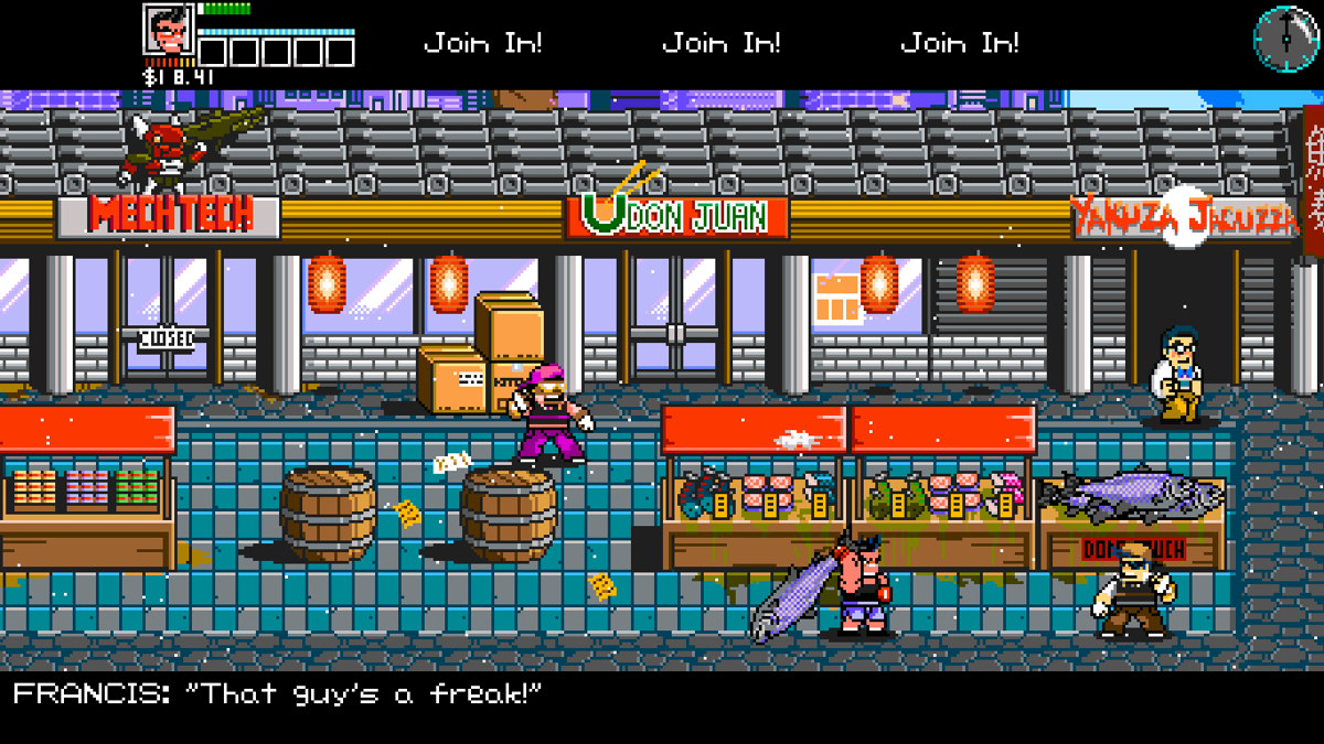 River City Ransom: Underground (Windows) screenshot: You can use some unusual weapons, such as a fish