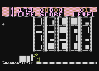 Highrise (Atari 8-bit) screenshot: Positioning the blocks on the springboard