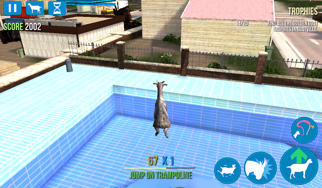 Goat Simulator (Android) screenshot: Jumping on a trampoline