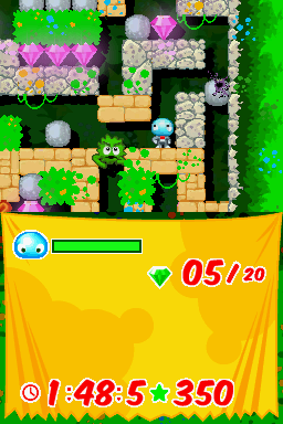 Boulder Dash Rocks! (Nintendo DS) screenshot: Enemy on left. Enemy being hit by boulder on right.