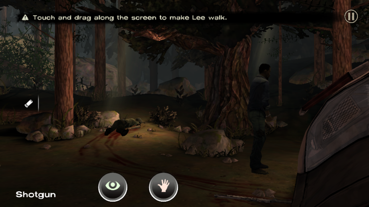The Walking Dead: Episode 1 - A New Day (Android) screenshot: Lee examines the scene