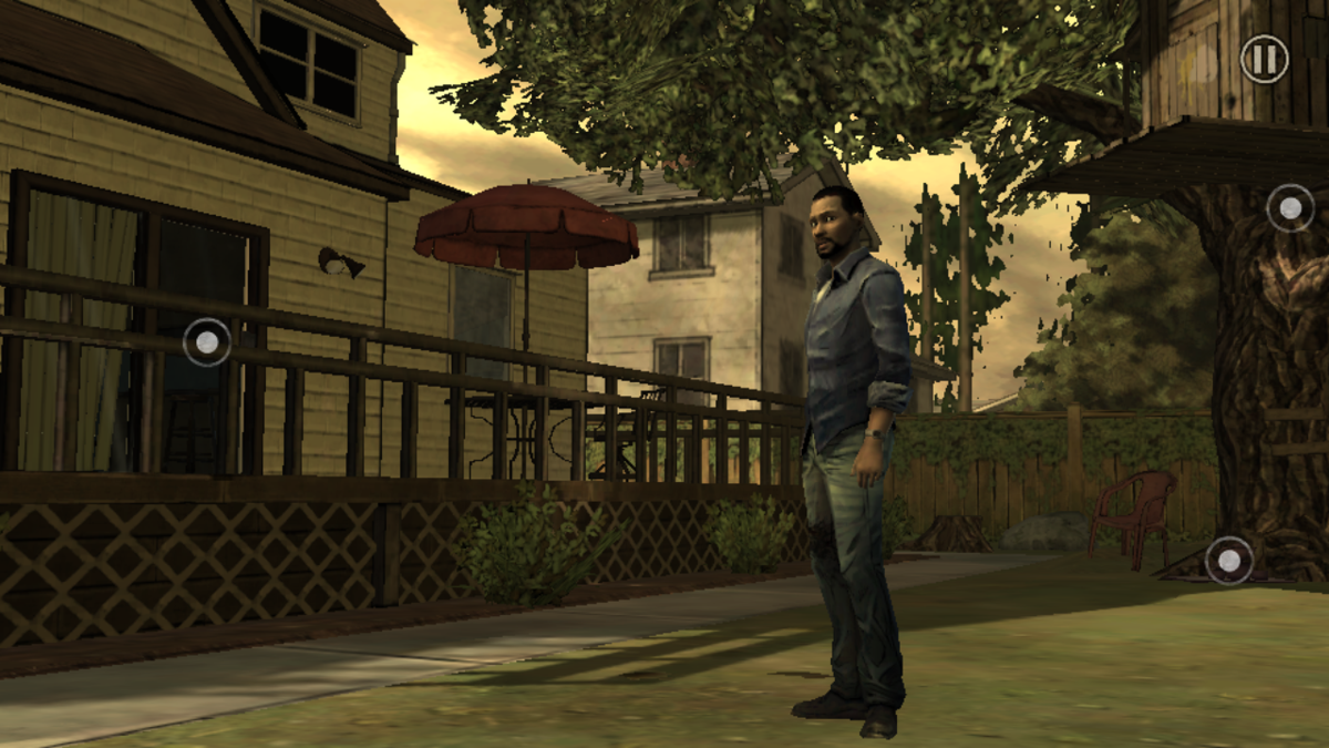 The Walking Dead: Episode 1 - A New Day (Android) screenshot: Lee explores a backyard
