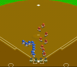 Kōshien 4 (SNES) screenshot: Super-deformed guys run onto the field :)