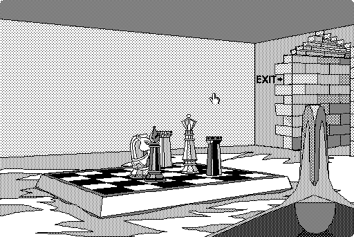 The Manhole (Macintosh) screenshot: The game is full of Wonderland moments—suddenly, the tower was just part of a chess set.