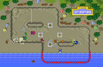 Motoroader MC (TurboGrafx CD) screenshot: Racing on the beach, and launching rockets