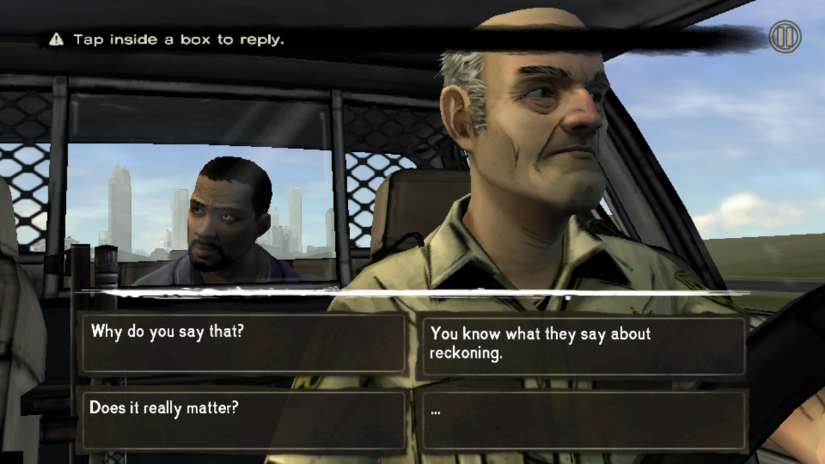 The Walking Dead: Episode 1 - A New Day (Android) screenshot: Lee in the police car