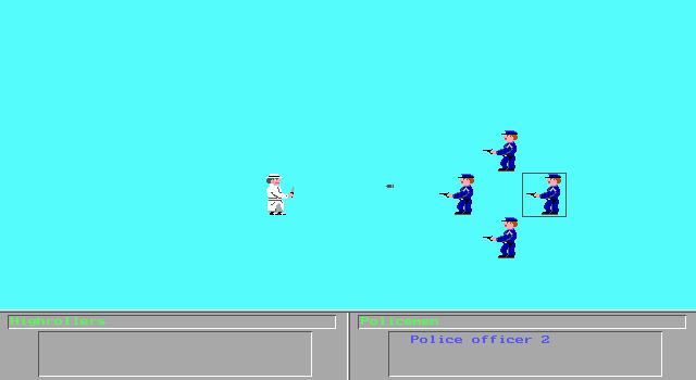 Crime Fighter (DOS) screenshot: Oh no! The cops spotted me... well you won't take me without a fight!