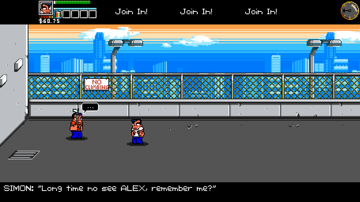River City Ransom: Underground (Windows) screenshot: The confrontation with Slick, those 20 years ago