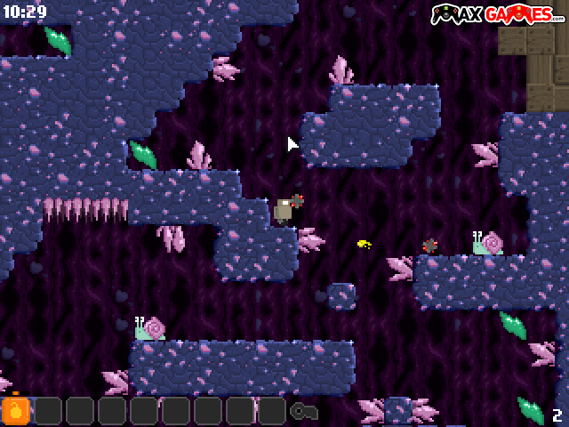 Robot Wants Fishy (Browser) screenshot: Crystal Caverns, slugs and deadly crystals