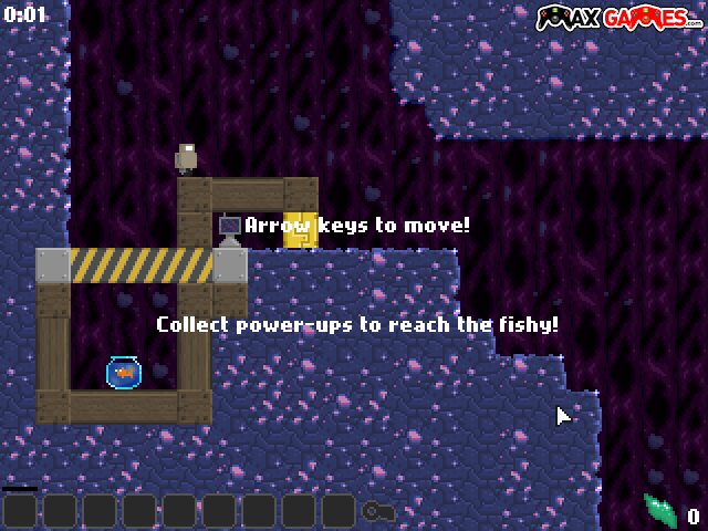 Robot Wants Fishy (Browser) screenshot: Starting the game, the robot can only move and jump