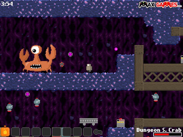 Robot Wants Fishy (Browser) screenshot: The crab boss is guarding the teleport crystal