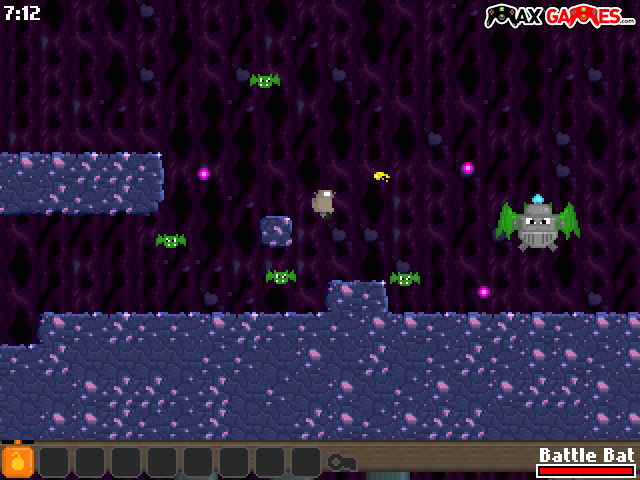Robot Wants Fishy (Browser) screenshot: The Bat cave, fighting the green bat boss