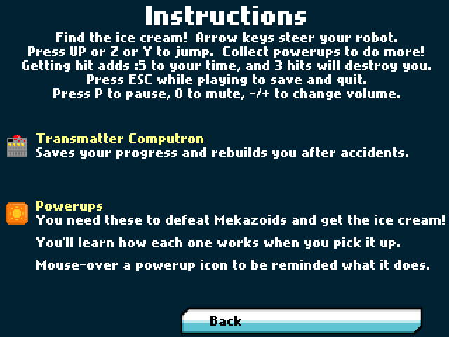 Robot Wants Ice Cream (Browser) screenshot: The intructions screen
