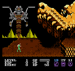 Cosmo Police: Galivan (NES) screenshot: Beamed down in front of a cave