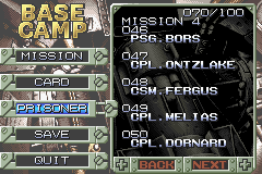 Metal Slug Advance (Game Boy Advance) screenshot: All rescued POWs are listed here