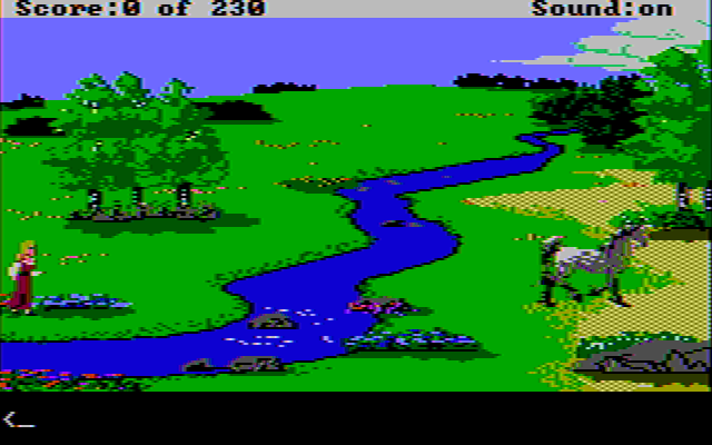 King's Quest IV: The Perils of Rosella (DOS) screenshot: A unicorn across the stream (CGA w/Composite Monitor)