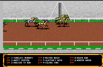 Omni-Play Horse Racing (Amiga) screenshot: Crossing the finish line.