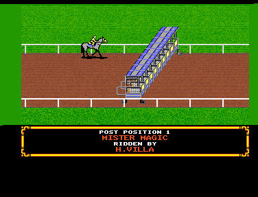 Omni-Play Horse Racing (Amiga) screenshot: Horses are introduced as they head to the start of the race.