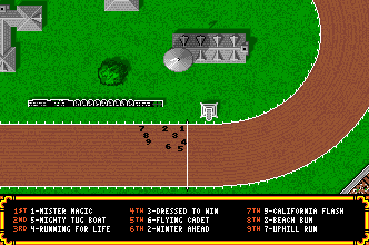 Omni-Play Horse Racing (Amiga) screenshot: The race is underway, shown from overhead view.