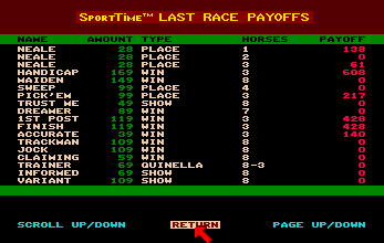 Omni-Play Horse Racing (Amiga) screenshot: Won two out of three bets.