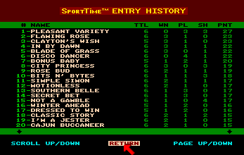 Omni-Play Horse Racing (Amiga) screenshot: Entry history.