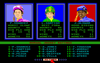 Omni-Play Horse Racing (Amiga) screenshot: Jockey ratings.