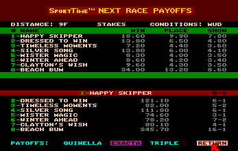 Omni-Play Horse Racing (Amiga) screenshot: Payoffs for the next race.
