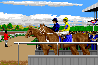 Omni-Play Horse Racing (Amiga) screenshot: Horses get ready.