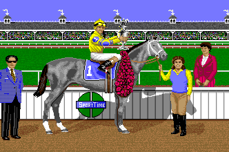 Omni-Play Horse Racing (Amiga) screenshot: Taking home a trophy.