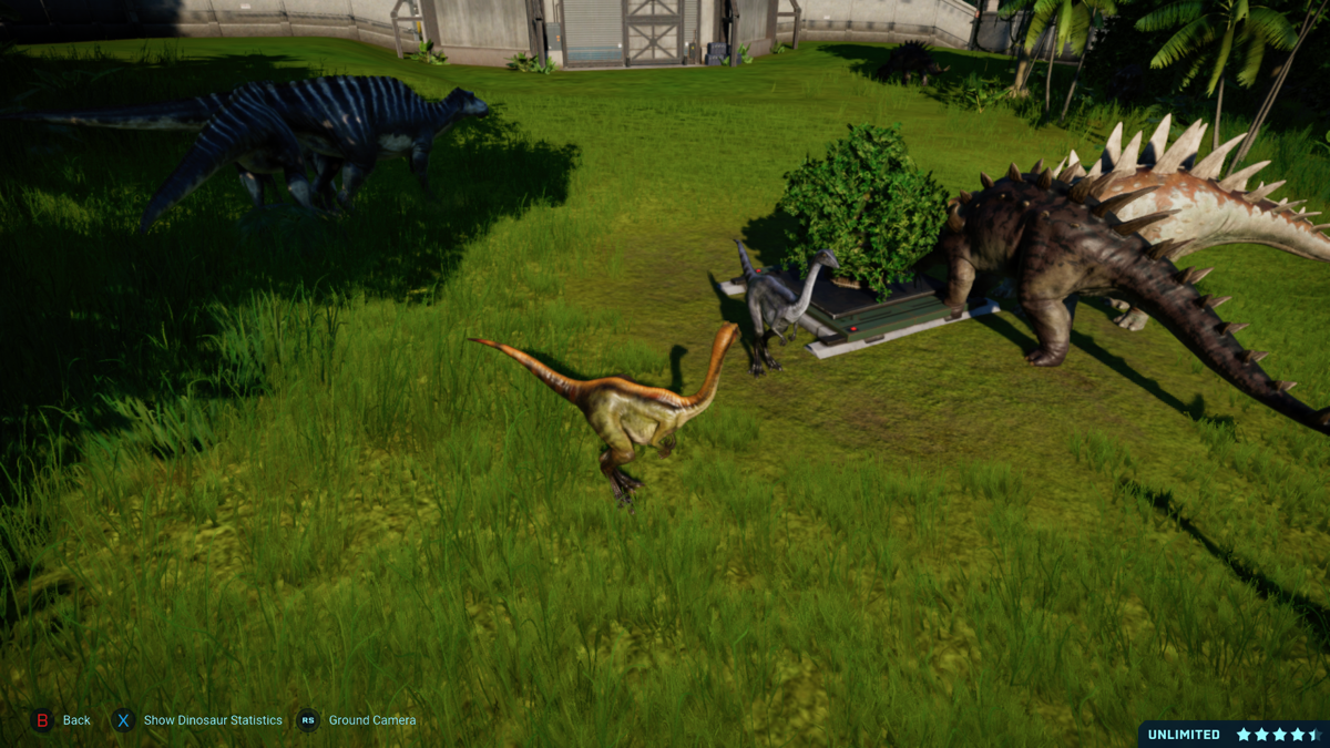 Jurassic World: Evolution - Dinosaur Pack (Xbox One) screenshot: Two different colored Archaeornithomimus in an exhibit with several other species