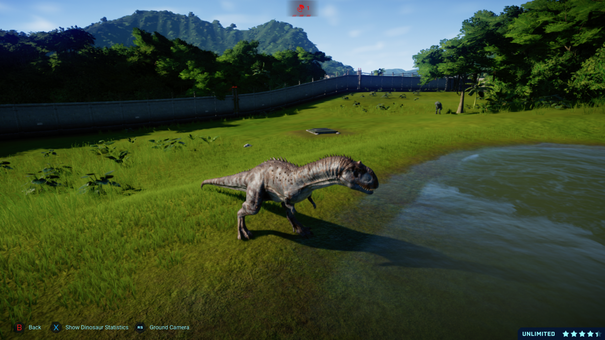 Jurassic World: Evolution - Dinosaur Pack (Xbox One) screenshot: A Majungasaurus near her water source