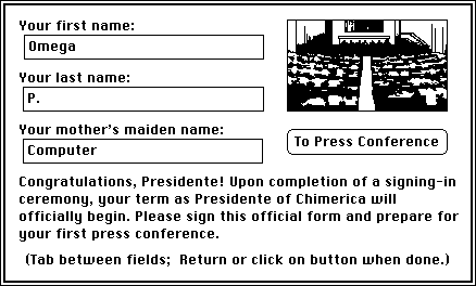 Hidden Agenda (Macintosh) screenshot: Starting up my presidency