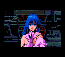 Chō Jikū Yōsai Macross: Eien no Love Song (TurboGrafx CD) screenshot: Err... blue hair to the rescue? Japanese pop music to the rescue (errr, please no)?