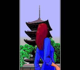 Yamamura Misa Suspense: Kinsenka Kyō Ezara Satsujin Jiken (TurboGrafx CD) screenshot: Yuko poses in front of a pagoda