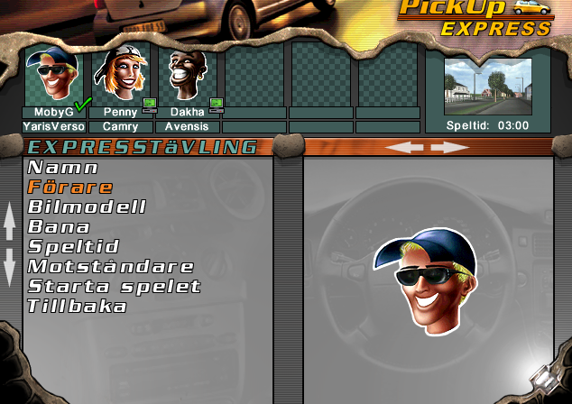 Pickup Express (Windows) screenshot: Player customization: name, face, car, area/track selection (suburb, downtown, chinatown, docks), time limit, opponent numbers.