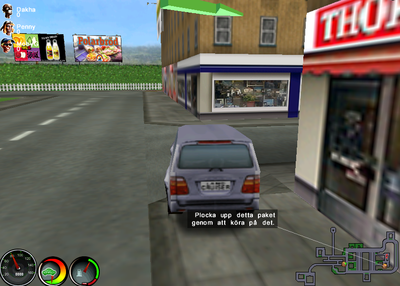 Pickup Express (Windows) screenshot: Instructions are to follow the green arrow for the next pickup. You just drive over the object to do the pickup.