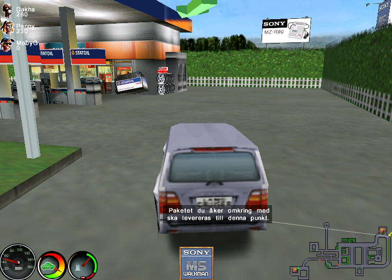 Pickup Express (Windows) screenshot: The instructions are to deliver the package to a point on the map; once you get there, a big yellow arrow shows the spot.