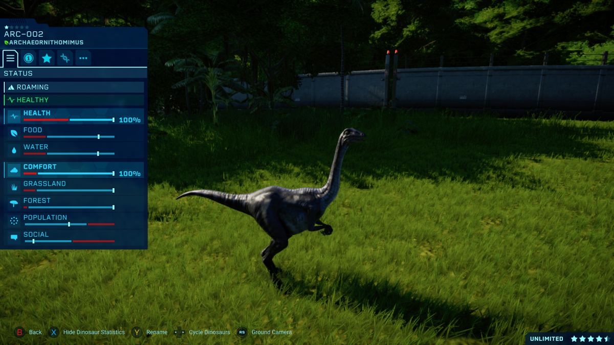 Jurassic World: Evolution - Dinosaur Pack (Xbox One) screenshot: An Archaeornithomimus with its stats