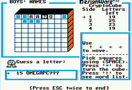 Crypto Cube (Apple II) screenshot: When a question mark block is found, the correct letter must be guessed.