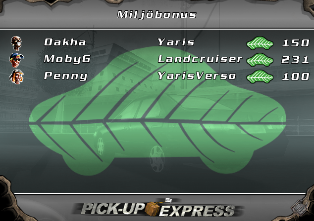 Pickup Express (Windows) screenshot: End of race: Environmental bonuses for driving economically, adds to the total points.