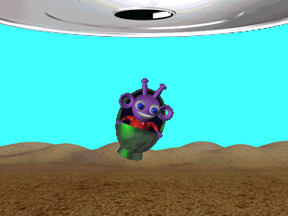 Gubble (PlayStation) screenshot: Being dumped onto a strange world (intro cont.)