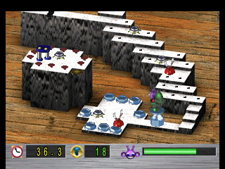 Gubble (PlayStation) screenshot: Avoiding mines is tricky business...