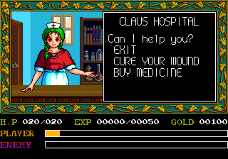 Ys: Book I & II (TurboGrafx CD) screenshot: Yup, I do need some "help"... hehe... what? It's not THAT kind of place? Oh, alright, alright... A herb or somethin' will do fine, too... geez