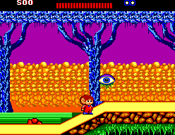 Alex Kidd: The Lost Stars (SEGA Master System) screenshot: The jumping-eye plant says: "I see you, Alex"
