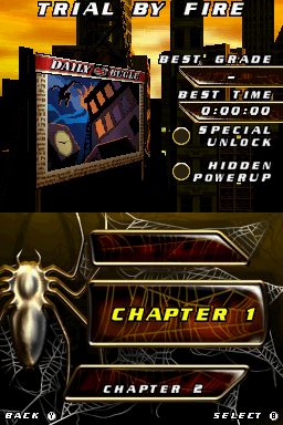 Spider-Man 2 (Nintendo DS) screenshot: As you complete chapters, you will unlock new ones. You can also replay any chapters you've already beaten.