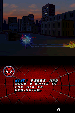 Spider-Man 2 (Nintendo DS) screenshot: Hints and tutorial messages are scattered around the first chapter.